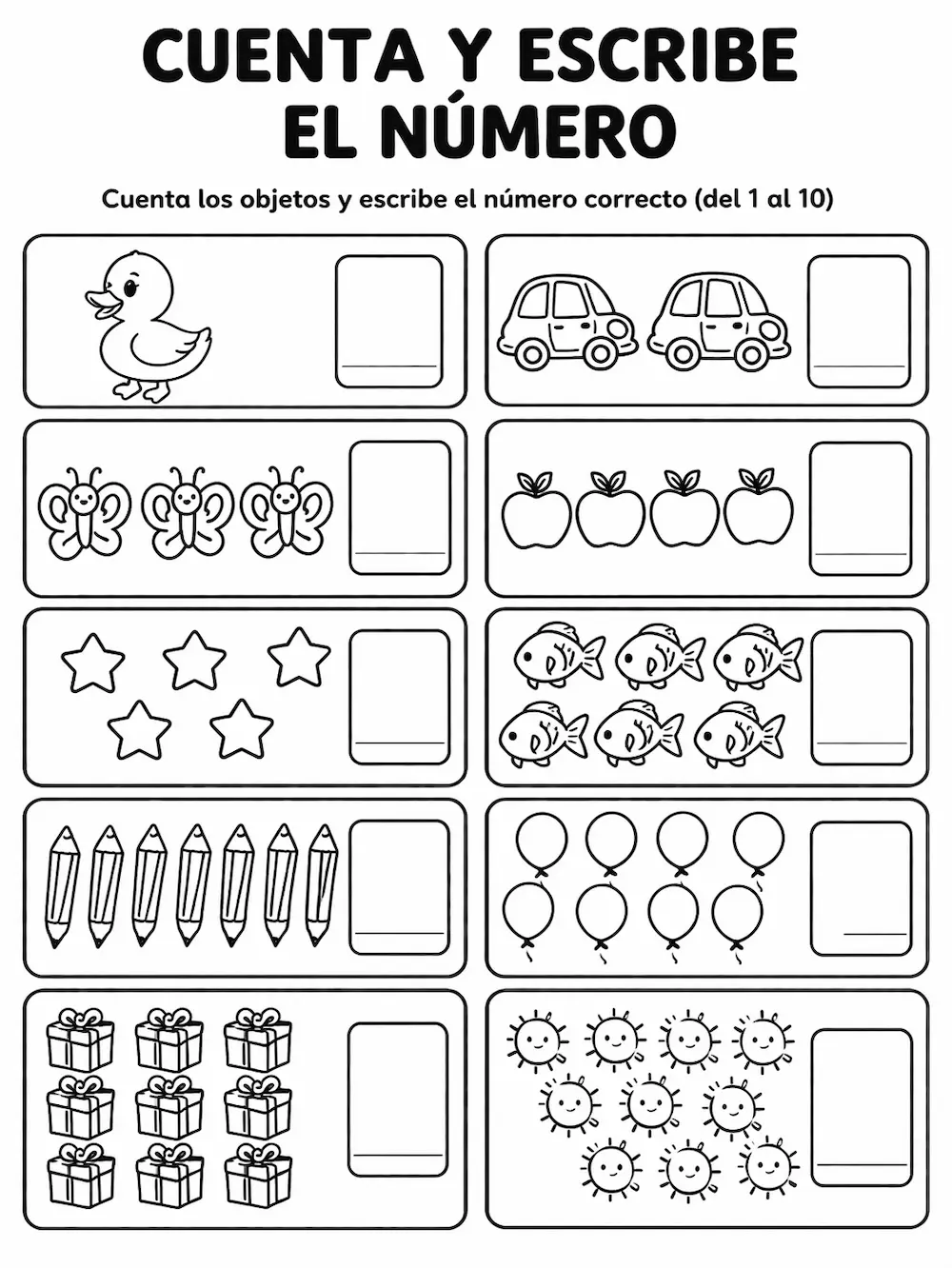 Ficha cuenta y escribe el número para niños para imprimir