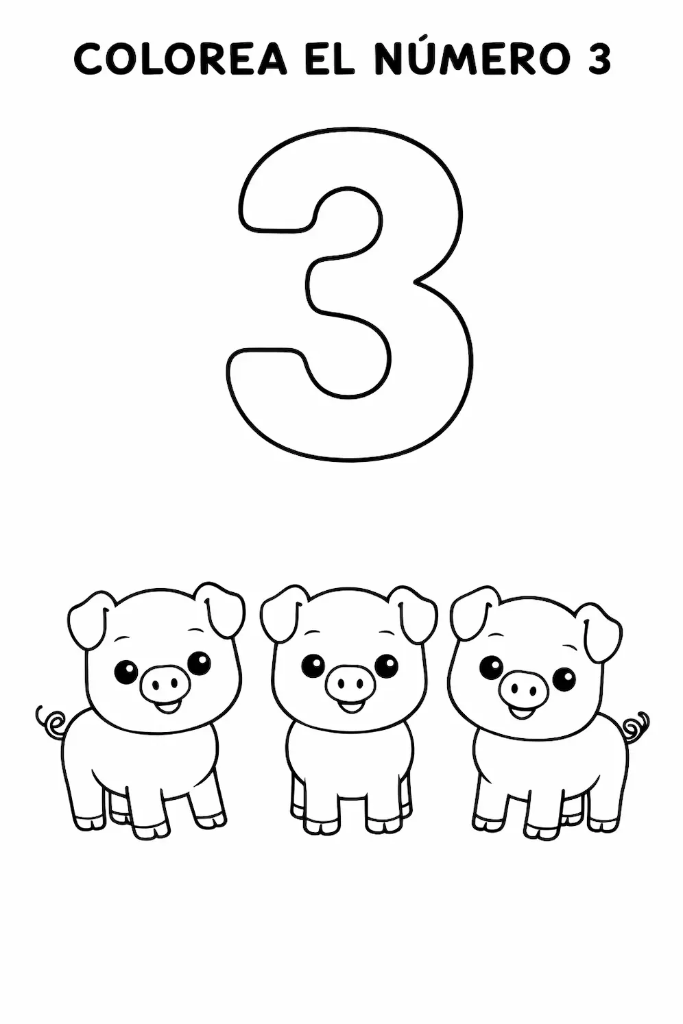 Ficha del número 3 para niños para colorear y contar