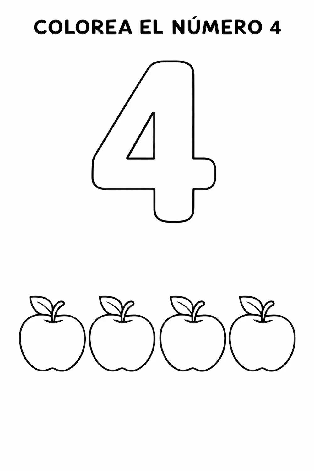 Ficha del número 4 para niños para colorear y contar