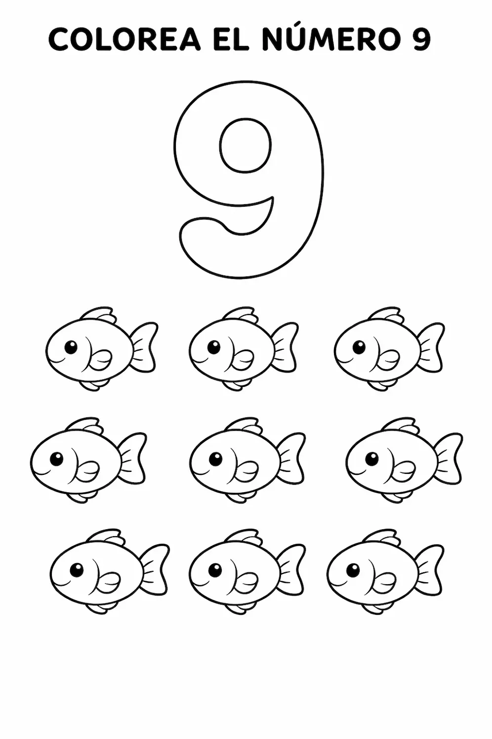 Ficha del número 9 para niños para colorear y contar